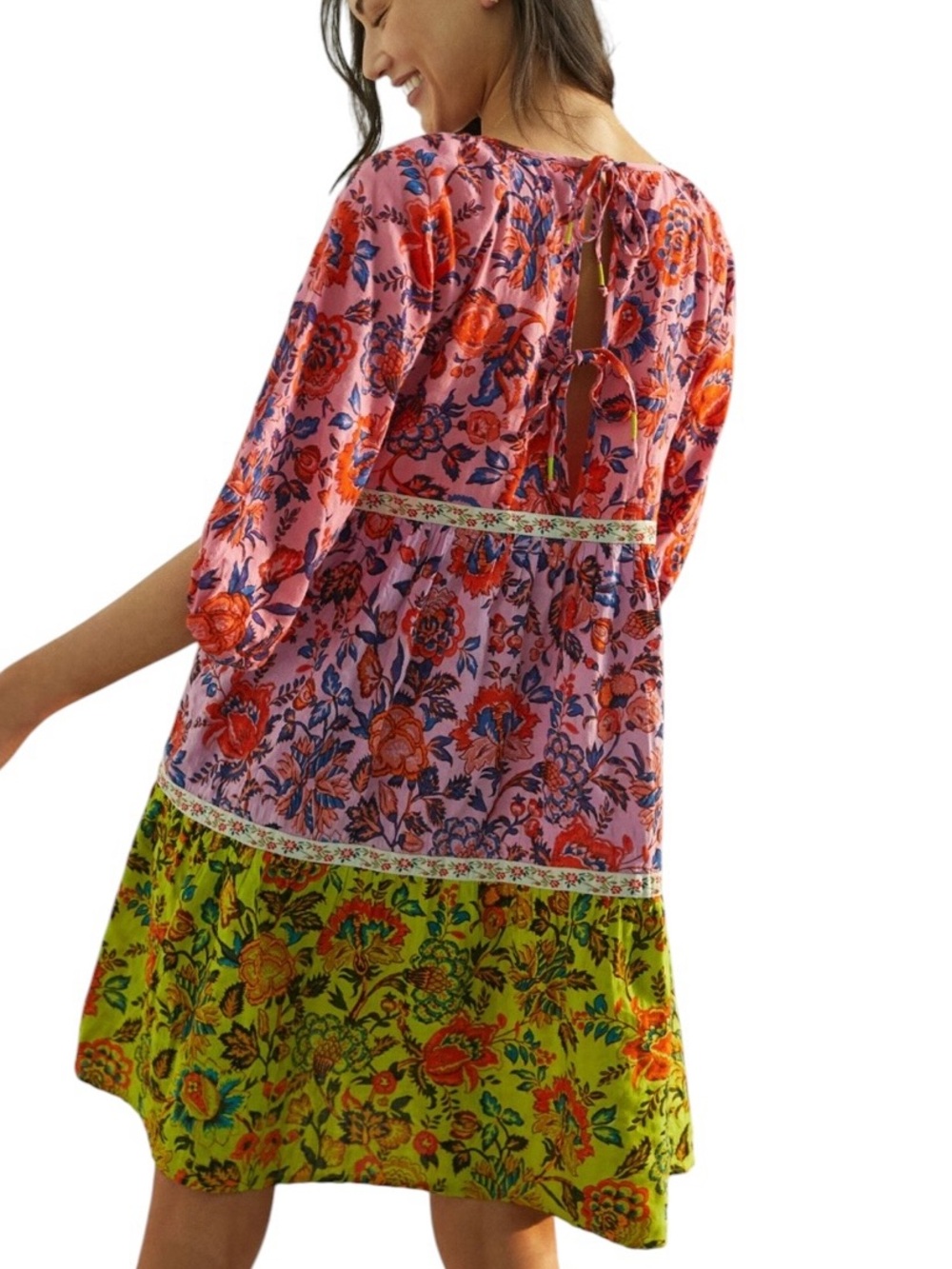 Anthropologie Mabel Floral Patchwork Boho Tiered Mini Dress in Pink size Large - Picture 3 of 6